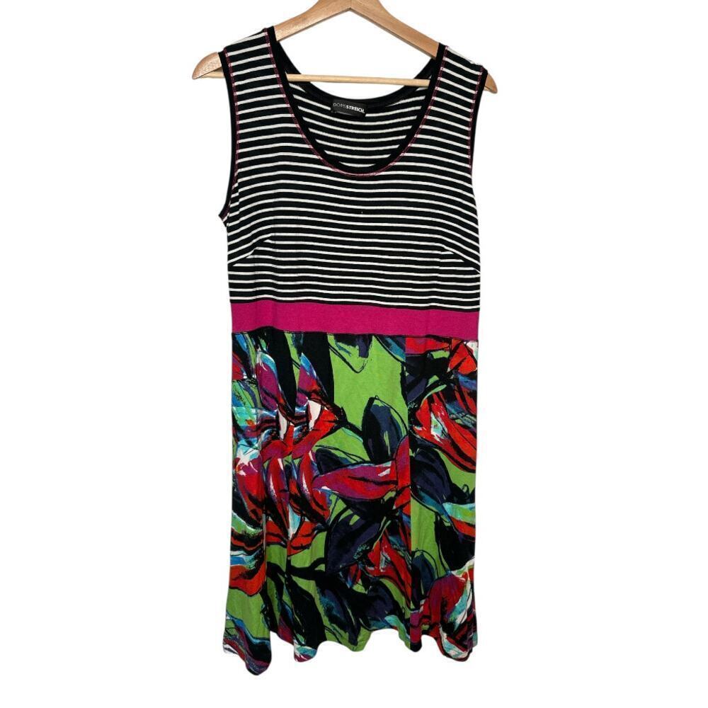 Doris Streich Black Multicolor Stripe Floral Sleeveless Fit & Flare Dress Size L
